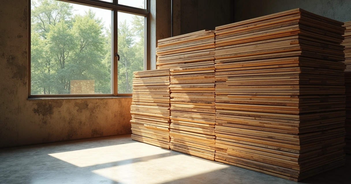 Pilha de chapas de MDF com selo FSC ao lado de floresta renovada