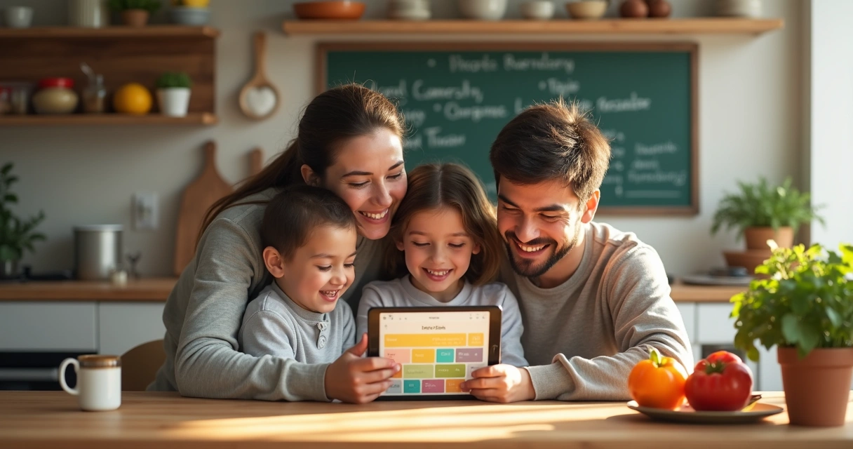 Família usando aplicativo digital de planejamento de refeições em tablet à mesa da cozinha