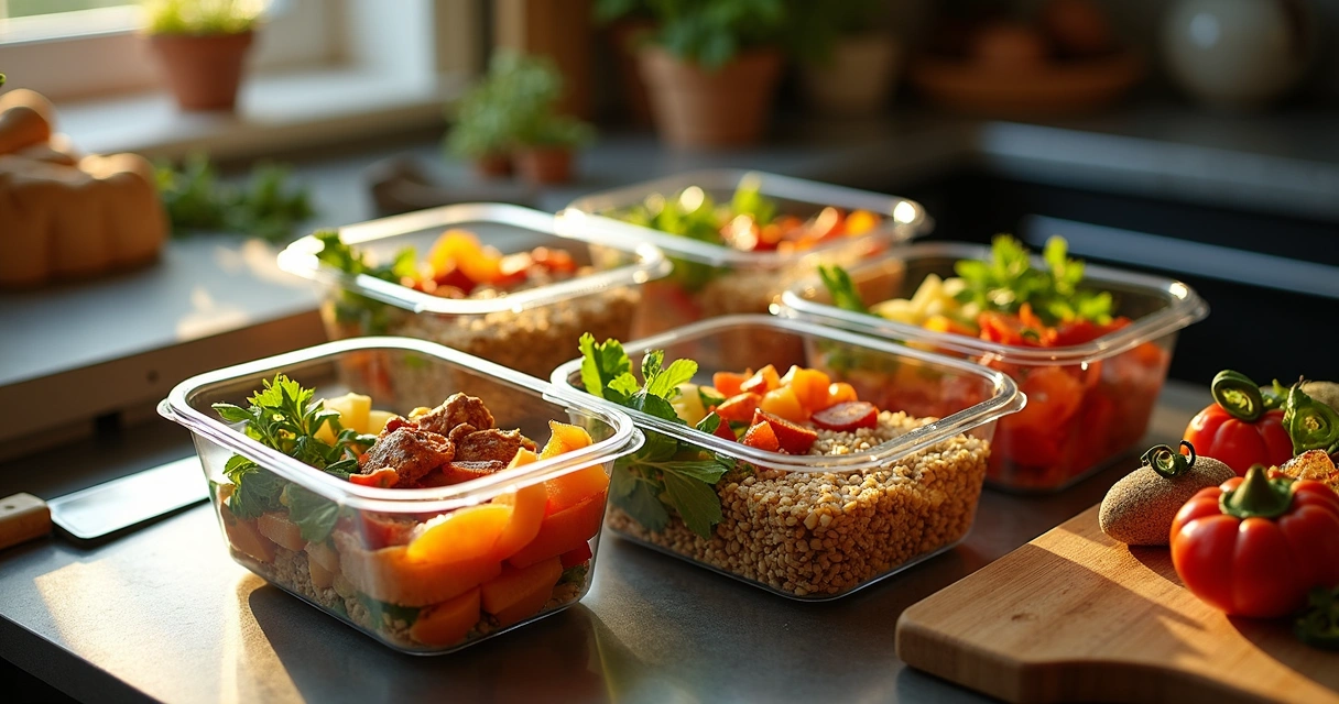 Meal prep containers with grains, chicken, and vegetables on kitchen counter 