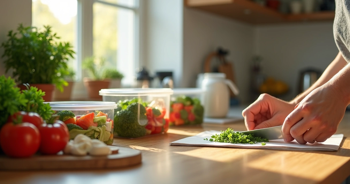 Chopped vegetables on kitchen counter beside lunch containers 