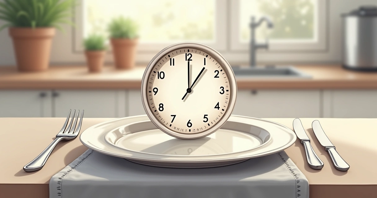 Illustration of a plate with a fork and knife, overlaid with a clock showing intermittent fasting hours 