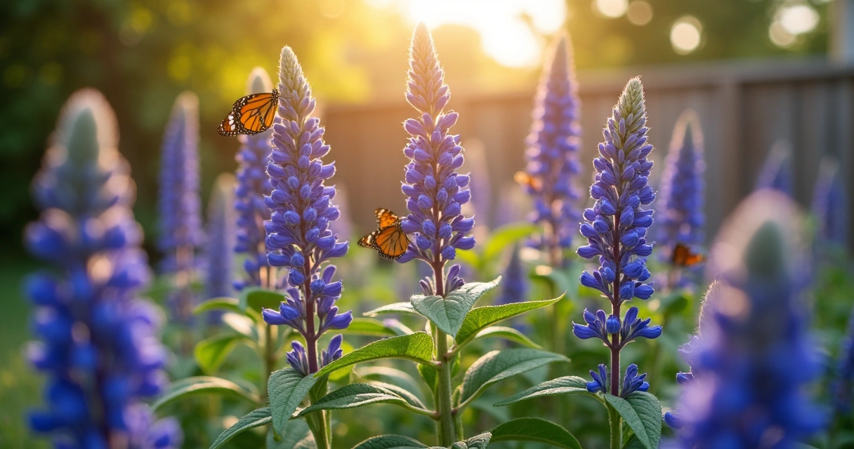 Mealy blue sage flowers with butterflies on green background. 