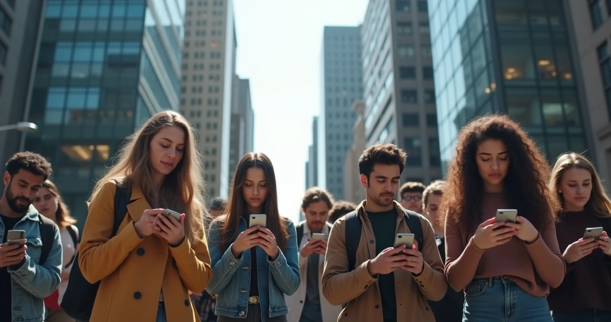 People in a crowd each looking at their phones, standing at a crossroads 