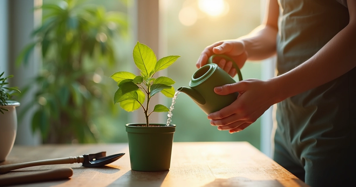 Close-up of hands pouring water into a potted plant, natural light, calm indoor setting.