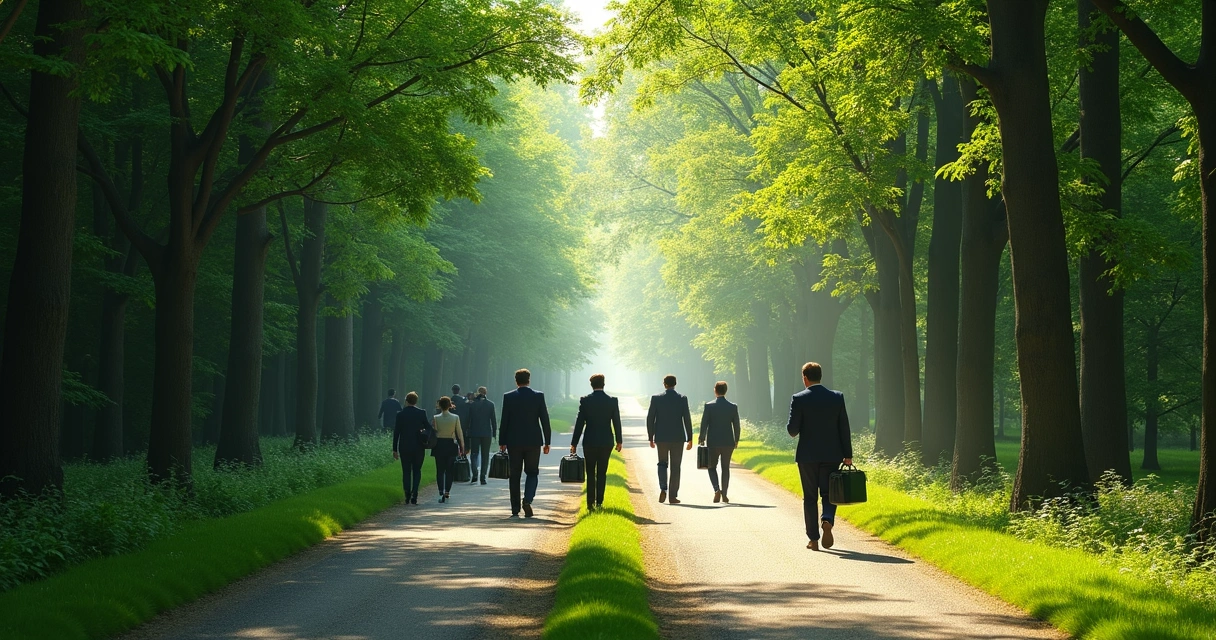 Diverging paths in a forest representing choices between social expectations and personal meaning 