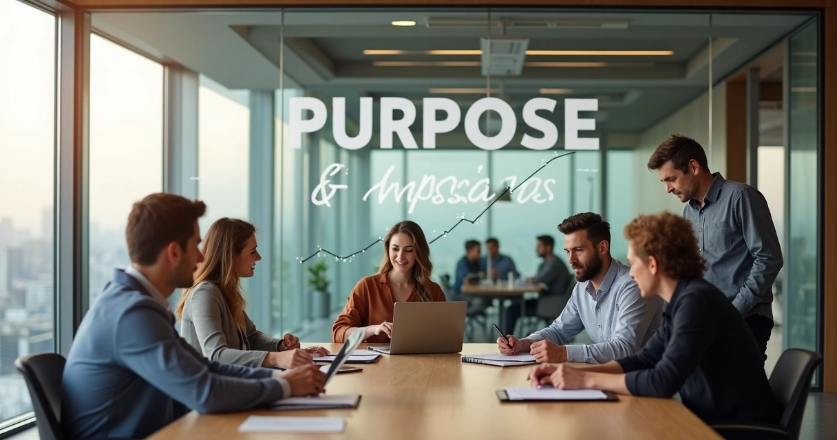 Diverse team in modern office looking at purpose statement on wall 