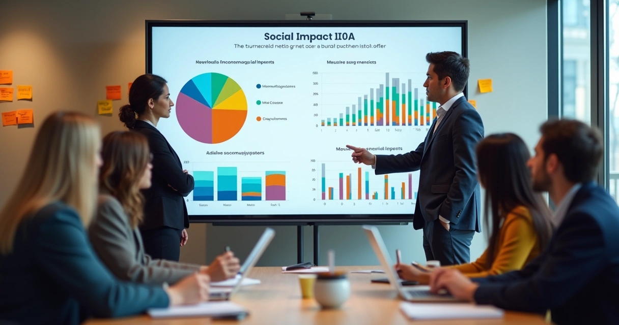 People measuring human impact with charts and teamwork 
