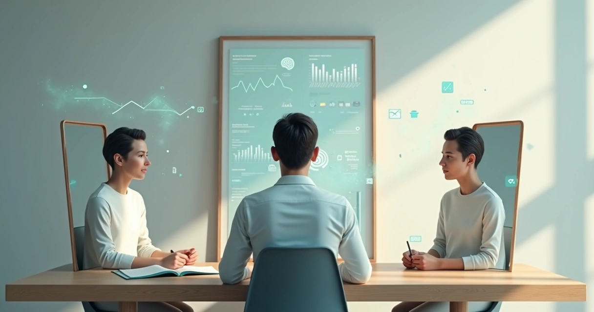 Person facing multiple reflections in mirrors with brainwave graphics overlay 