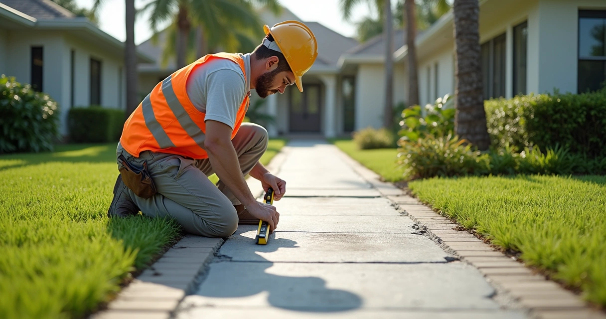 Person using a level and tape measure to check walkway slope 