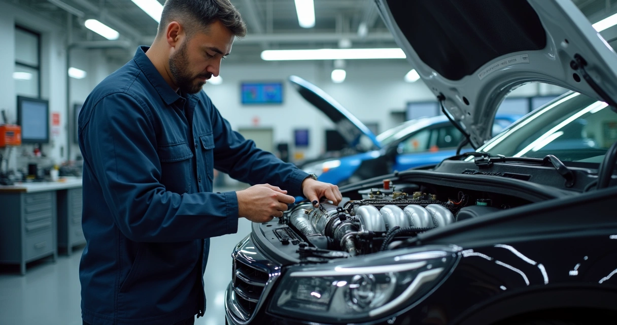 Mecânico realiza inspeção detalhada no motor de um veículo híbrido em oficina com equipamentos de alta tecnologia