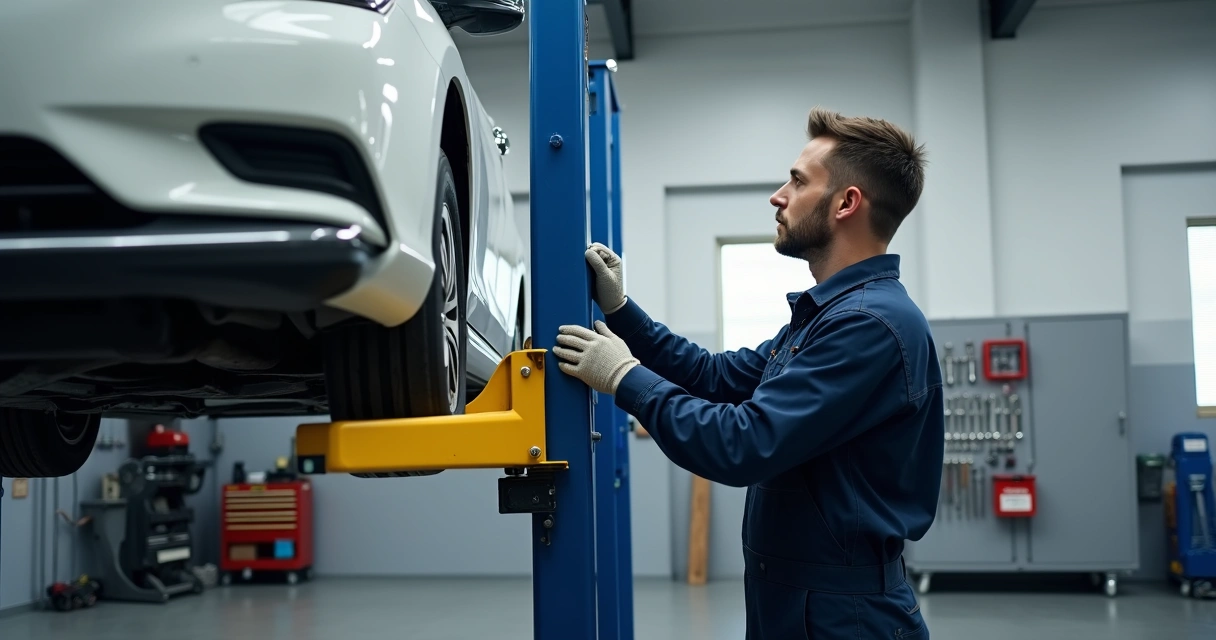 Mecânico analisando elevador pórtico em auto center, conferindo condições dos braços do equipamento 