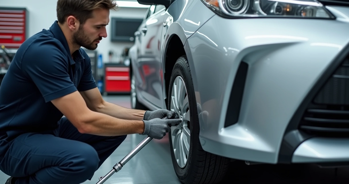 Mecânico usando chave de torque para apertar parafusos da roda do carro 