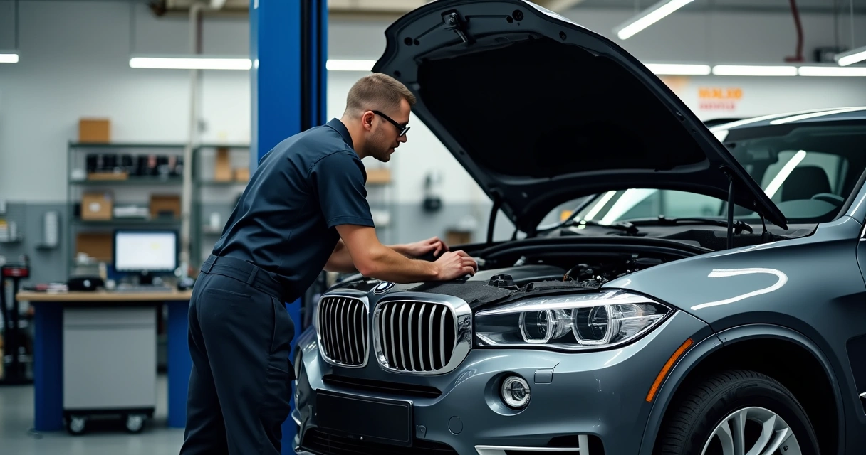 Mecânico conferindo o motor de um BMW X5 em oficina moderna