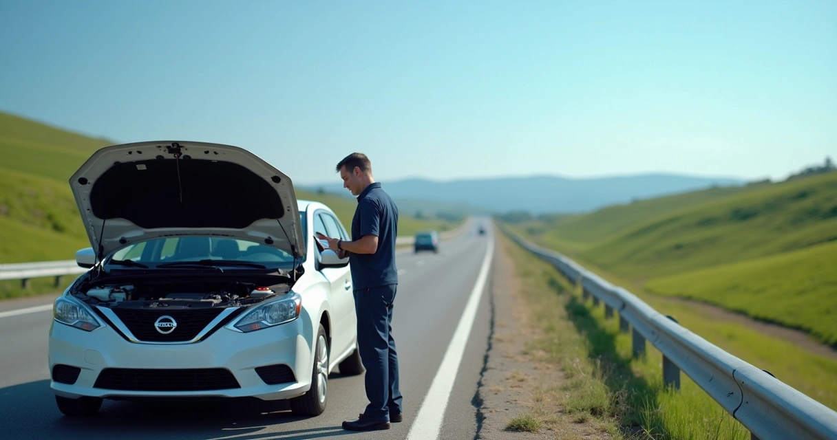 Mecânico conferindo carro parado no acostamento da estrada