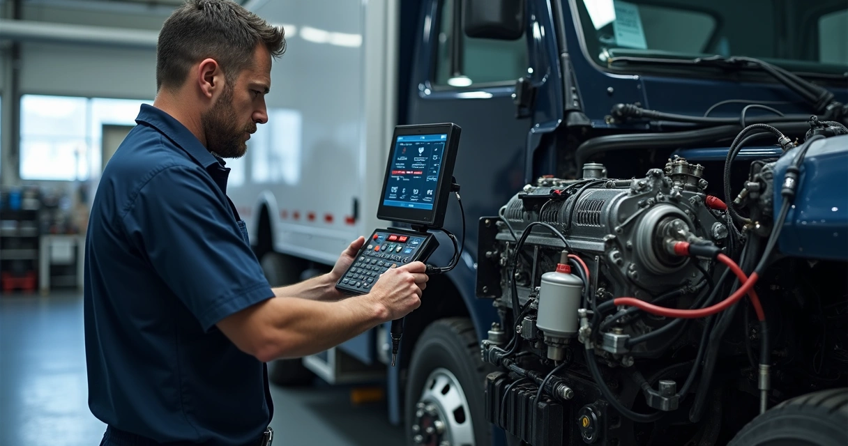 Mecânico aplica diagnóstico computadorizado em motor diesel