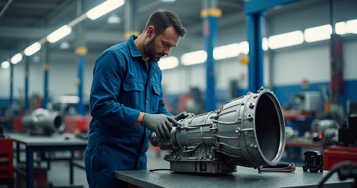 Mecânico com ferramentas analisando câmbio de carro em oficina