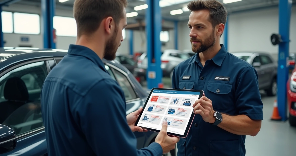 Mecânico mostrando tablet com ofertas de serviços para cliente 