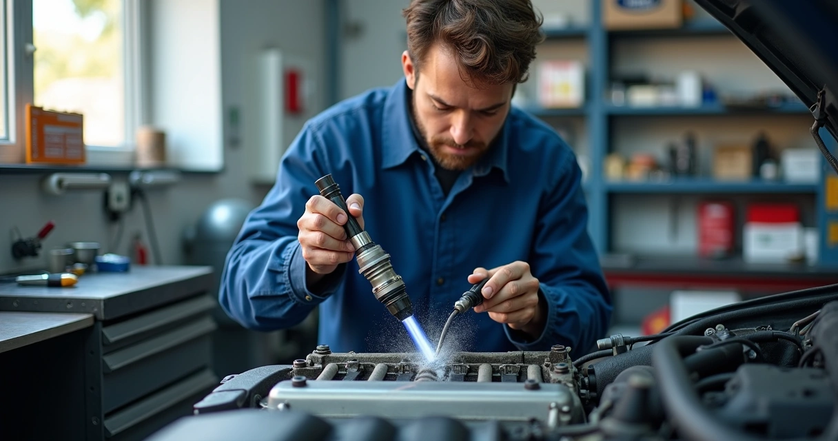 Mecânico limpa o bico injetor de um carro em uma oficina automotiva 