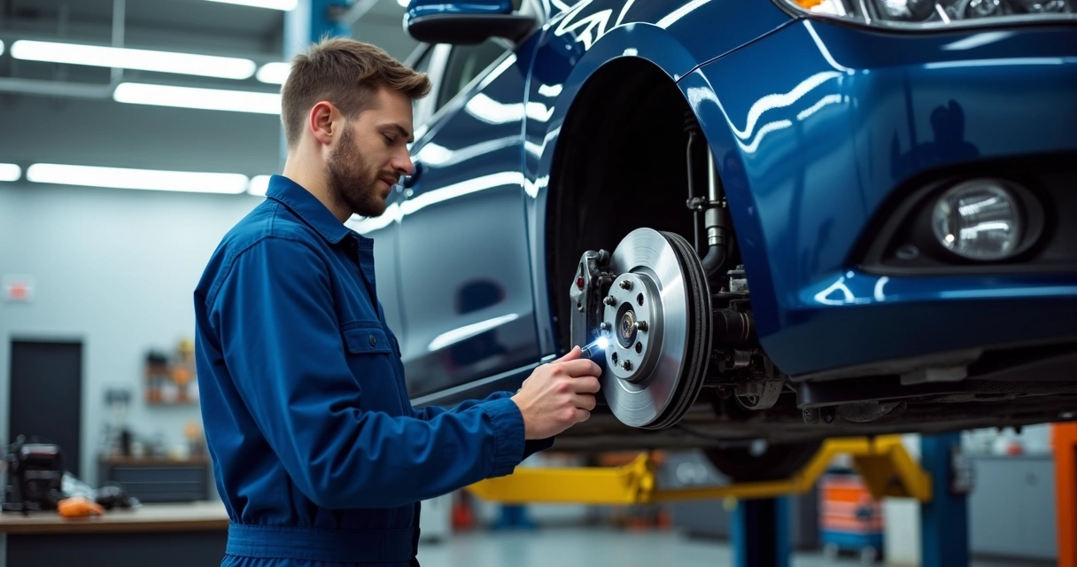 Mecânico inspecionando sistema de freio do carro com lanterninha