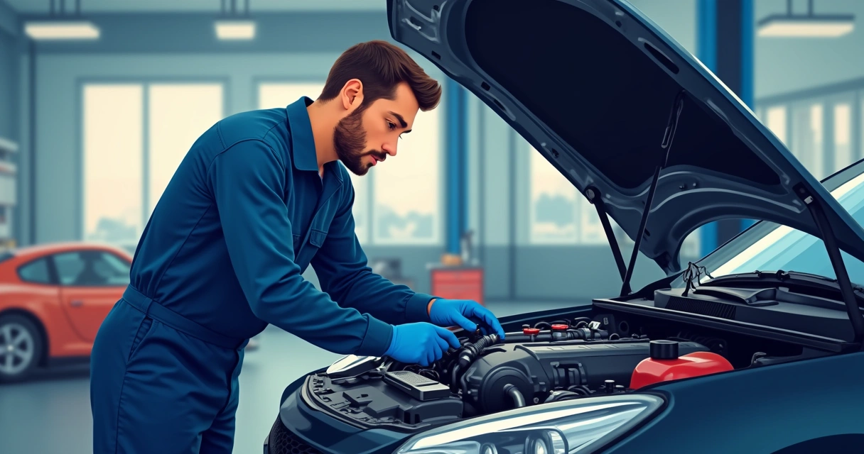 Mecânico inspecionando o motor de um carro com atenção 