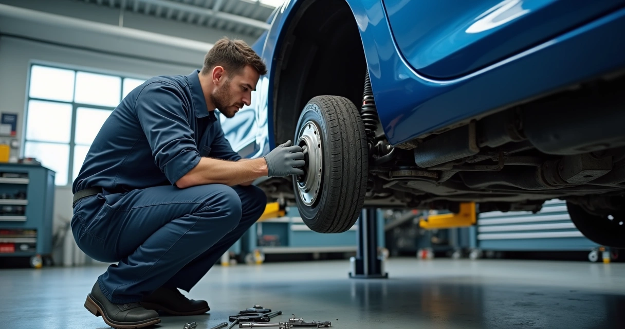 Mecânico inspecionando a roda dianteira de carro em oficina com ferramentas ao redor 