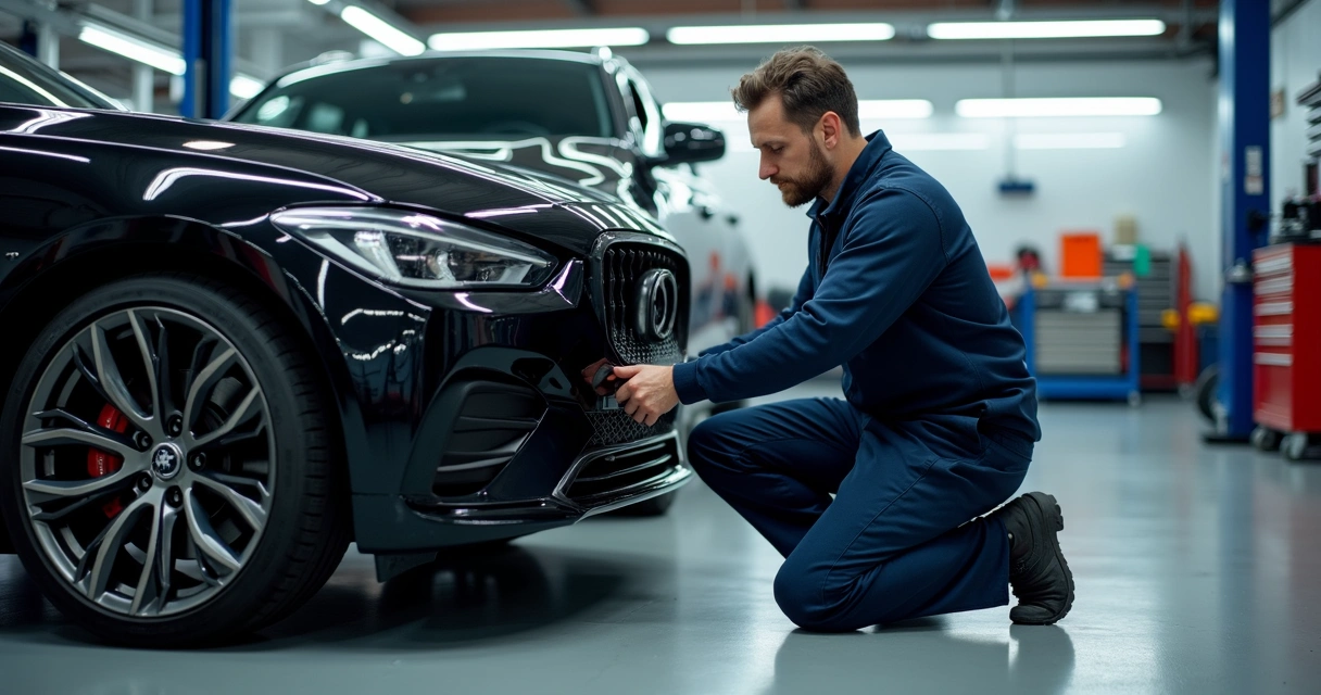 Mecânico instalando roda esportiva em carro preto 