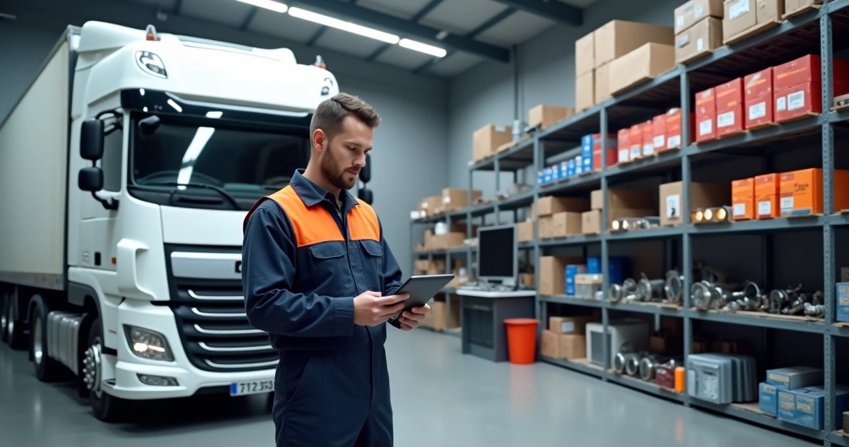 Mecânico consultando tablet em loja de peças para caminhão com prateleiras cheias ao fundo 