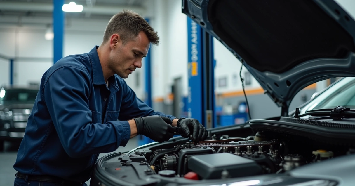 Mecânico ajustando correia dentada com ferramentas na oficina 