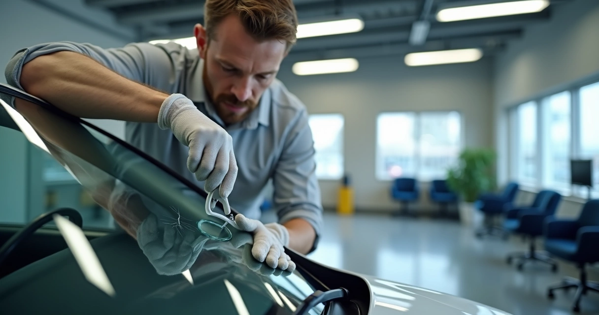 Técnico reparando para-brisa de carro com dispositivo de resina 