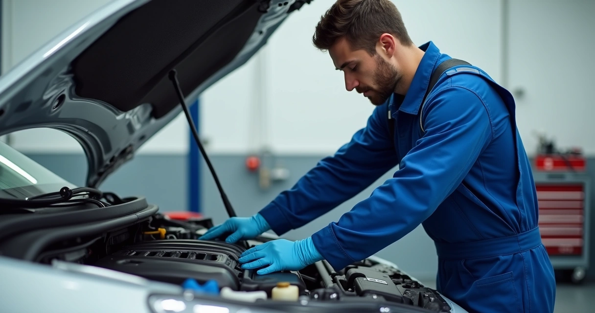 Mecânico revisando sistema de ar-condicionado de veículo em oficina. 