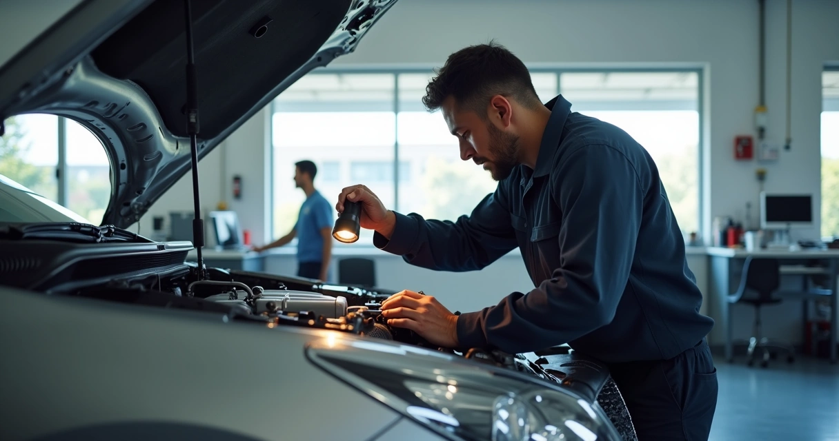 Mecânico realizando revisão preventiva em carro em oficina automotiva em Belo Horizonte 