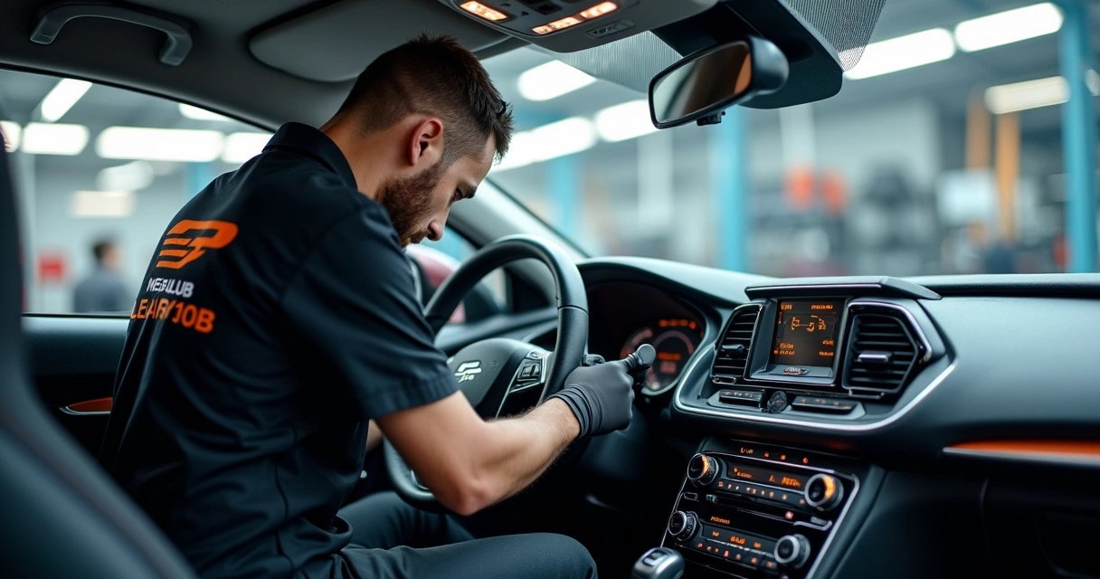 Mecânico realizando revisão em airbag de carro moderno na oficina Megap Lub