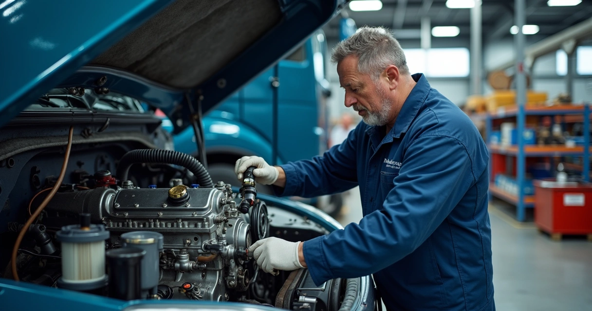 Mecânico revisando motor de caminhão em oficina