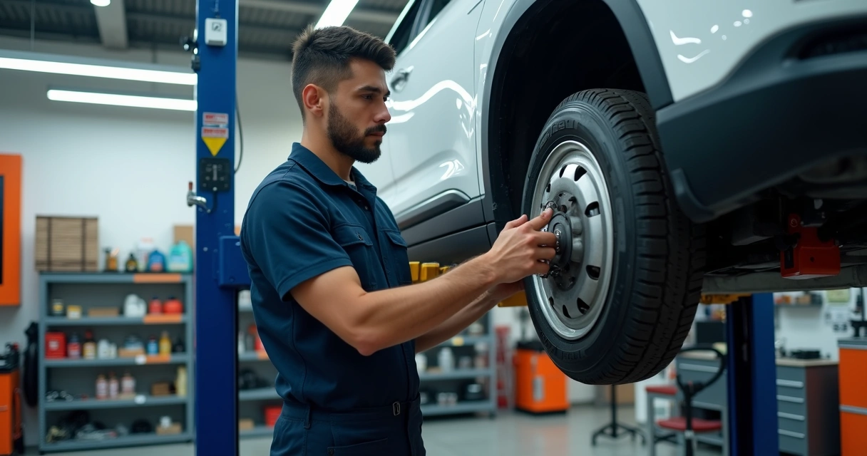 Mecânico revisando suspensão e freios de carro em oficina moderna