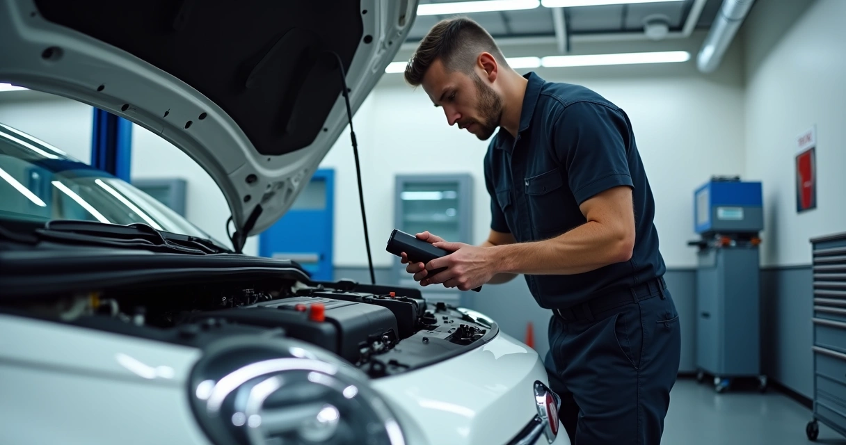 Mecânico examinando motor de Fiat em oficina moderna