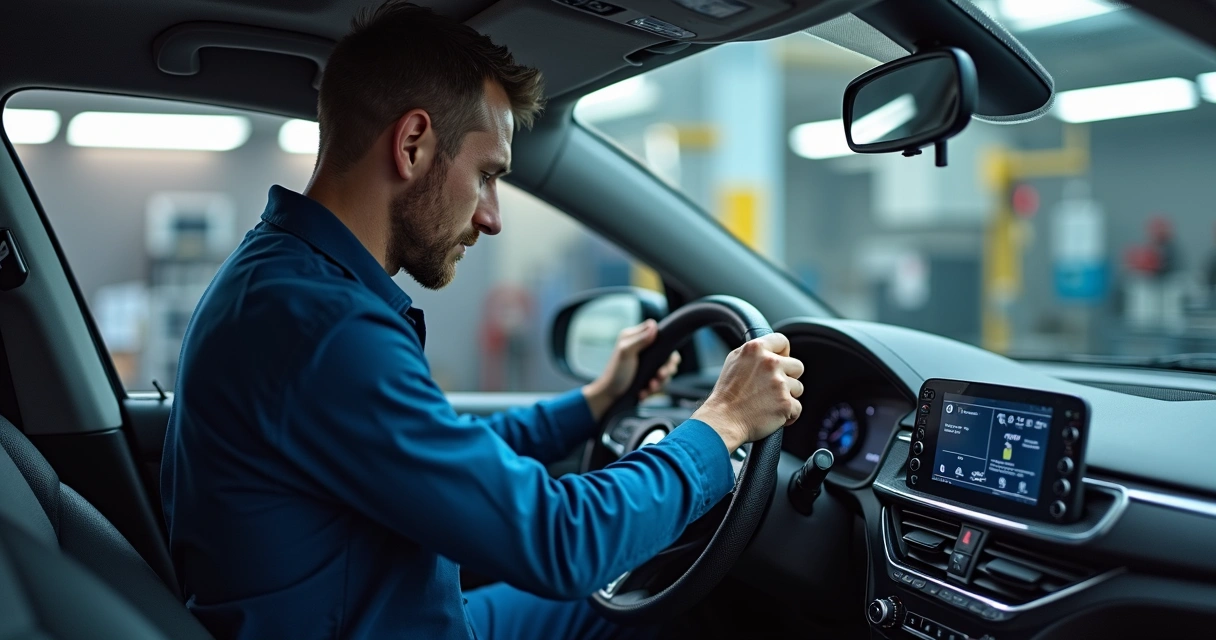 Mecânico inspecionando ar condicionado automotivo usando equipamento de diagnóstico digital