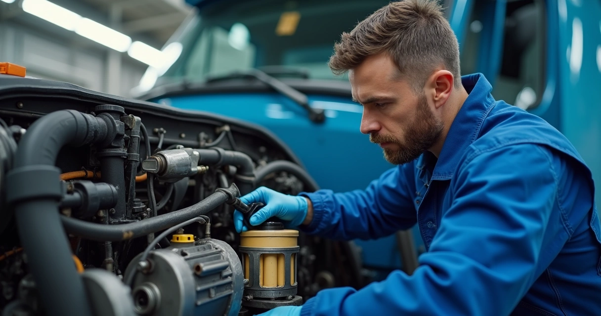 Mecânico trocando filtro hidráulico de caminhão 