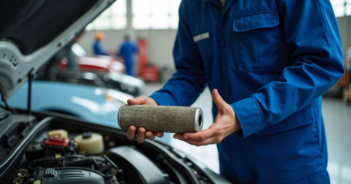 Mecânico trocando filtro de combustível em oficina automotiva 