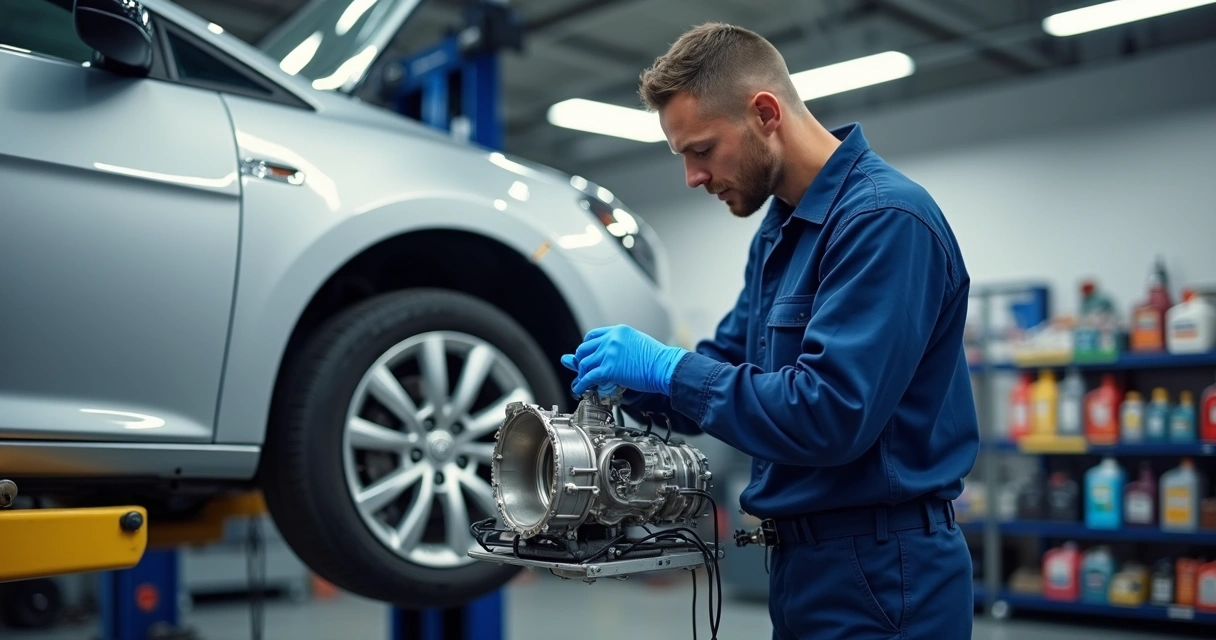 Mecânico trocando o óleo do câmbio automático de um carro moderno