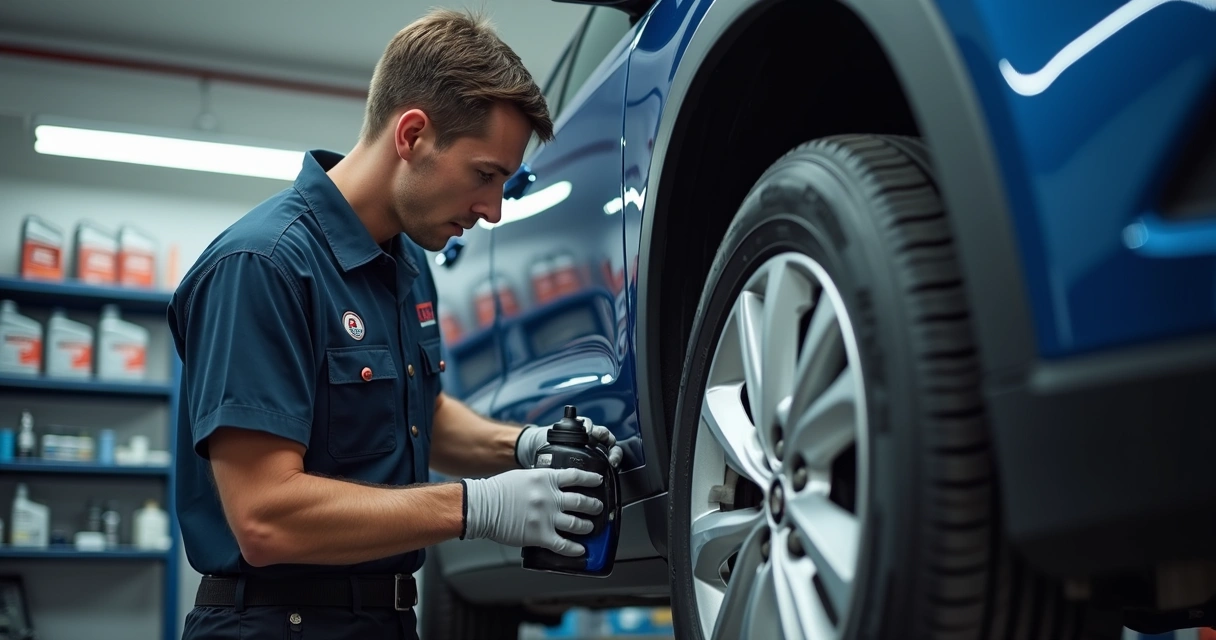 Técnico trocando óleo do motor de um carro em oficina organizada