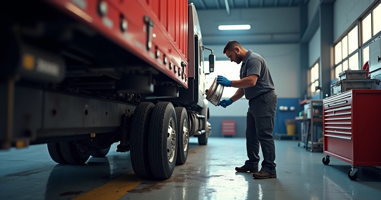 Mecânico trocando peça em caminhão na oficina