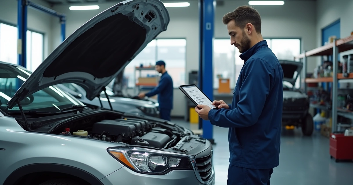 Mecânico usando tablet na oficina em frente ao carro aberto. 