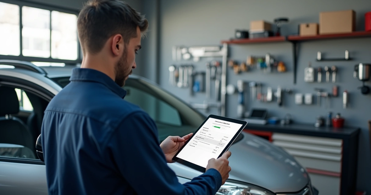 Mecânico usando tablet ao lado de carro na oficina 