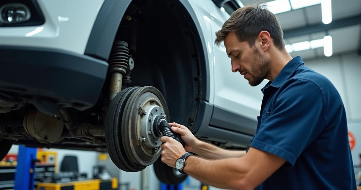 Mecânico examinando a caixa de direção de um carro levantado em oficina automotiva 