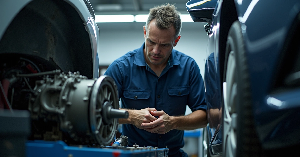 Mecânico examina sistema de câmbio manual em oficina 