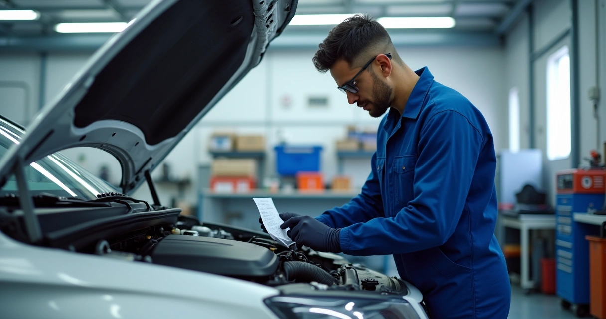 Mecânico conferindo o motor de um carro em uma oficina moderna 