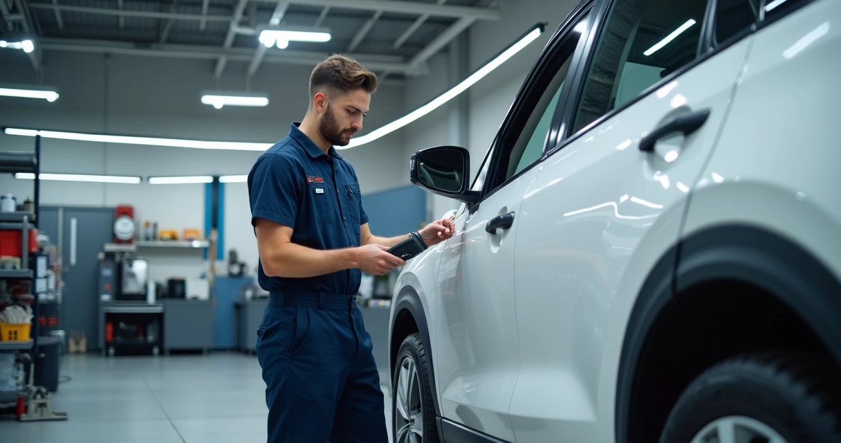 Mecânico faz o diagnóstico no motor de um carro em oficina equipada 