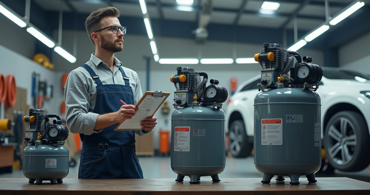 Mecânico avaliando compressor de ar automotivo em oficina moderna 