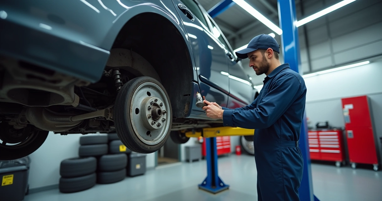 Mecânico avaliando o diferencial de um carro levantado em oficina automotiva 