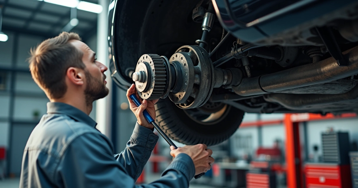 Mecânico verifica diferencial em oficina automotiva moderna